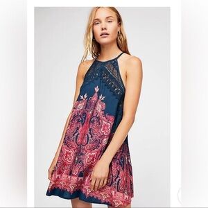 NWOT Free People Intimately Bohemian Navy and Pink Dress. Trapeze style. Size S